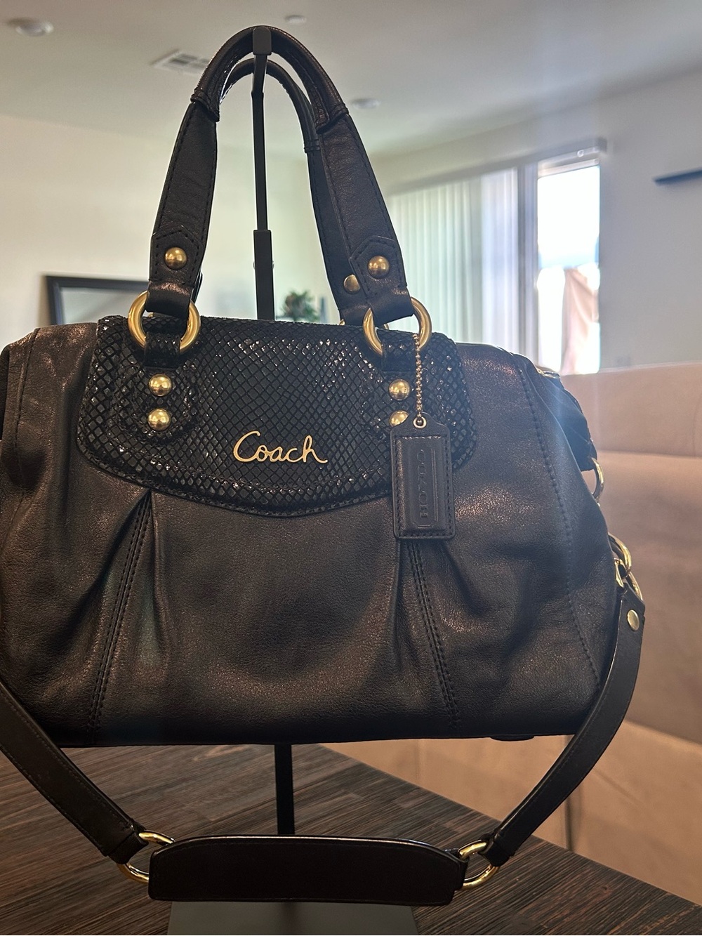 Coach Black Ashley Leather Satchel with Gold Accents